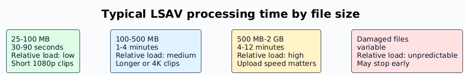 Table-style graphic showing typical LSAV processing time for 25 to 100 MB, 100 to 500 MB, 500 MB to 2 GB, and damaged files.
