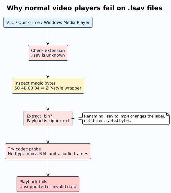 Flowchart showing why video players fail on LSAV files: unknown extension, ZIP-style wrapper, encrypted payload, no codec markers, playback error.